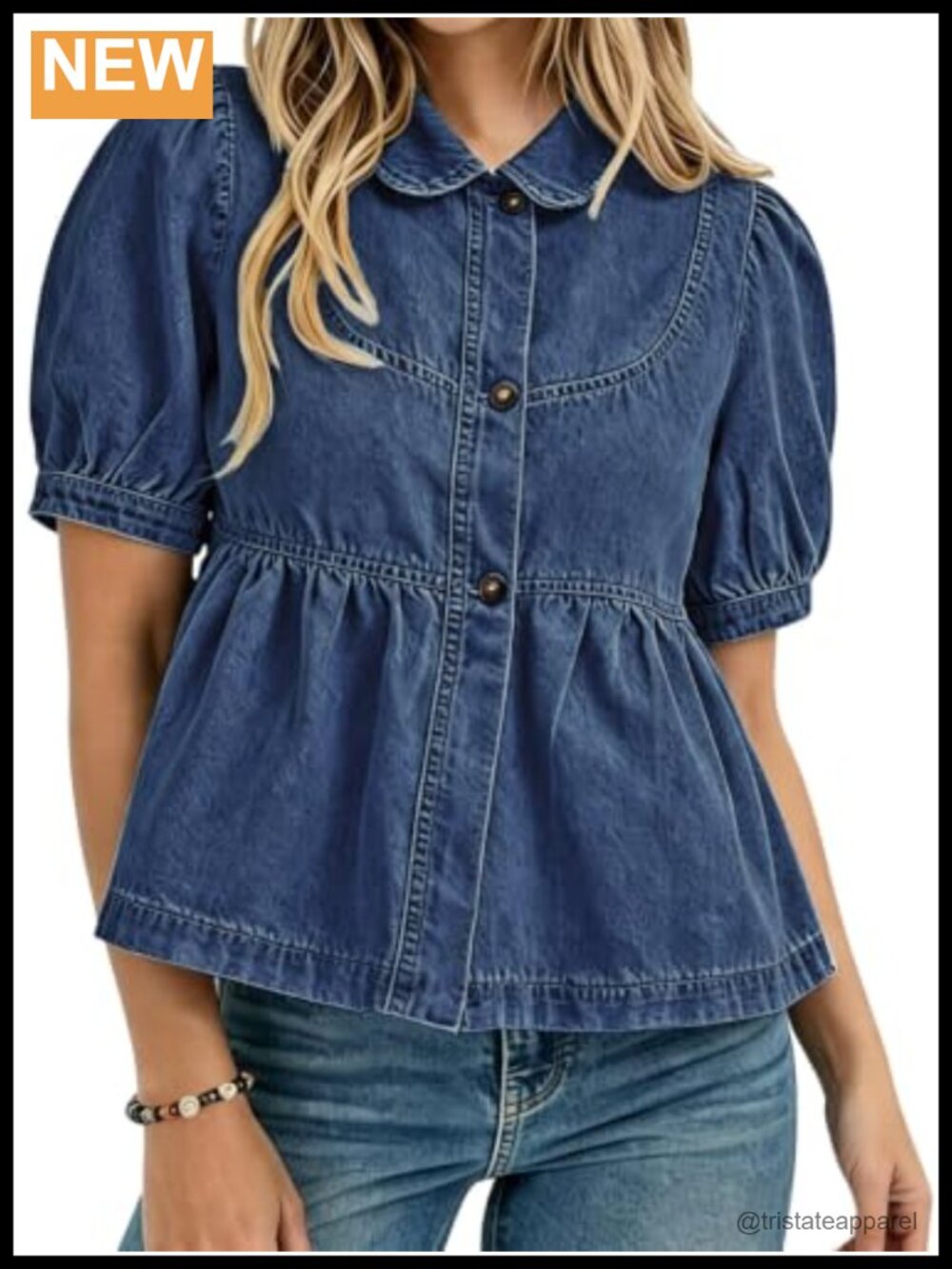 Women's Denim Button Down Shirt Puff Sleeve Casual Blouse Cotton